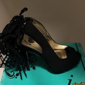 Elegant Black Fringe Peep-Toe Heels